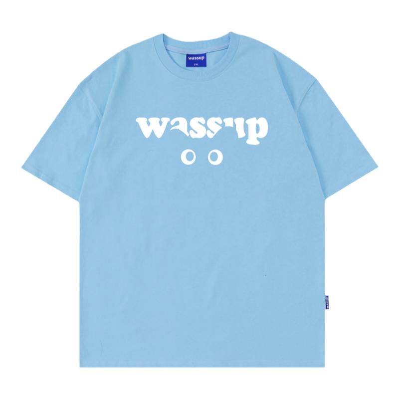 WASSUP猫眼字母浅蓝短袖T恤男