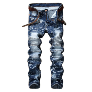欧美潮牌男士机车褶皱牛仔裤口袋拉链弹力修身小脚裤BIKER JEANS