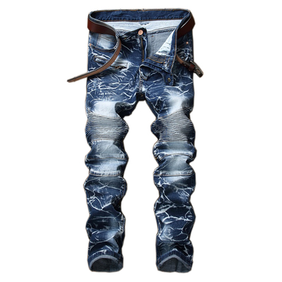 欧美风机车褶皱牛仔裤男士