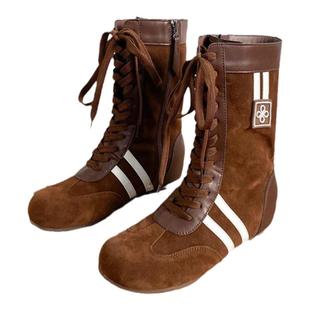 牛皮女款拳击靴2025新款真皮百搭休闲运动短靴小个子内增高马丁靴