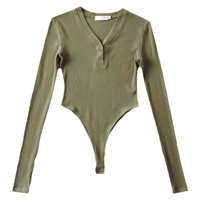 美式纽扣V领连体T恤女