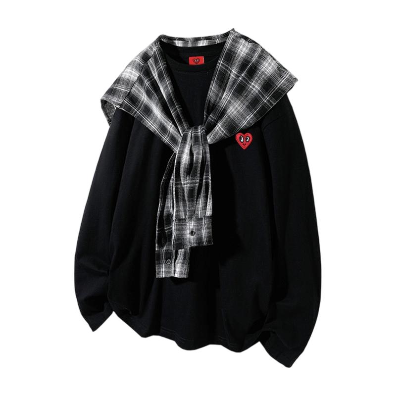 查尔斯桃心 撞色格纹披肩卫衣男圆领春秋季新款潮牌情侣宽松上衣