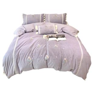 紫色花朵少女心韩式公主风保暖牛奶绒四件套冬季珊瑚绒床上用品