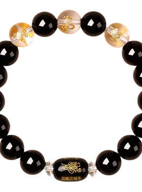天然黑曜石生肖三合水晶情侣手串