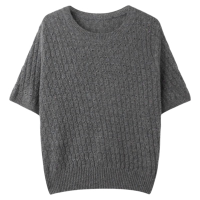 双色100山羊绒短袖细闪圆领