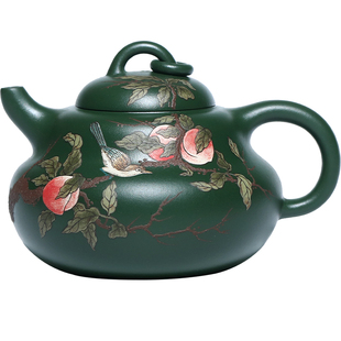 和泥有缘 宜兴紫砂壶绿泥原矿纯全手工泥绘福禄泡茶壶茶具套装