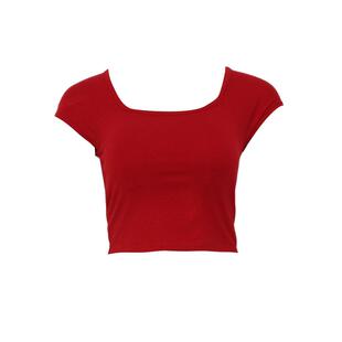 DPLAY夏季新款红色t恤女独特方领含胸垫短款修身上衣短袖