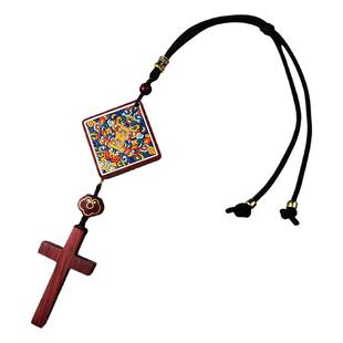 檀木十字架汽车挂件彩绘出入平安牌车内吊坠后视镜挂饰摆件礼品