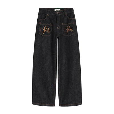 F383美式复古刺绣水洗弯刀牛仔裤