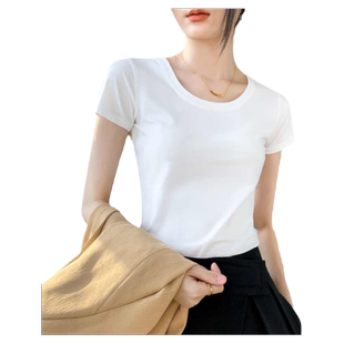 歌倍尚白色短袖t恤女夏季圆领正肩修身纯色净版基础款半袖上衣t
