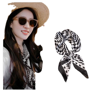 去有风的地方刘亦菲许红豆同款丝巾黑白格子小方巾领巾气质围巾女