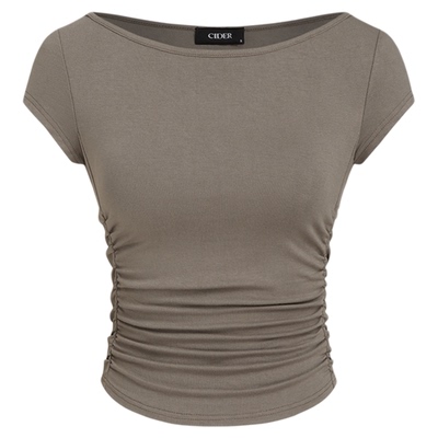 CIDER 夏新款修身显瘦百搭上衣船领褶皱短袖T恤114446429