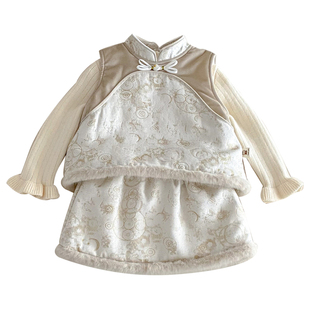 婴儿冬装加绒新中式马甲保暖冬季年服宝宝套装洋气打底衫女宝衣服