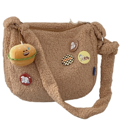 日系简约纯色大容量毛绒斜挎包