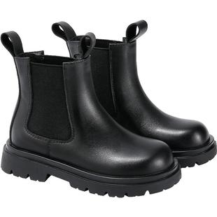 ELLEkids女童靴子秋冬季新款小女孩短靴男童皮靴软底儿童马丁靴