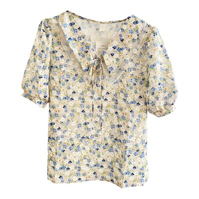 甜美雪纺碎花蝴蝶结娃娃领衬衫