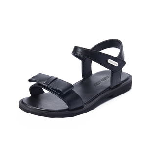 美格新女童黑色中大童真皮凉鞋牛皮儿童露趾软底蝴蝶结公主凉皮鞋