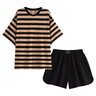 女士睡衣女款夏款夏天夏季家居服纯棉短袖短裤圆领套头条纹套装