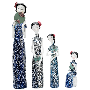 倍思家 仿青花瓷仕女摆件客厅创意中式侍女人物家居饰品树脂工艺