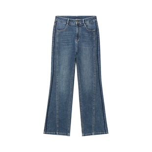 百斯盾官方女装牛仔裤秋冬款柔软耐磨侧边撞色九分宽松喇叭裤