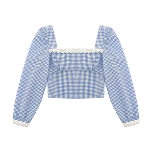 米米子微胖大码女装“日光岛屿”清纯显瘦修身蓝格纹上衣2024春季