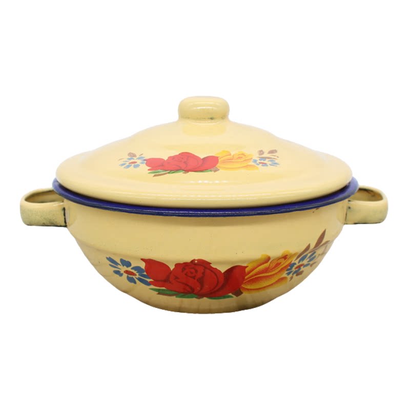 复古搪瓷带盖双耳花卉甜品碗