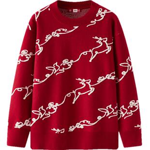 森马张仁华非遗联名毛衣女春季oversize提花红色落肩新年小众衣服