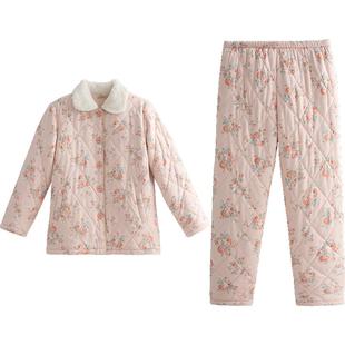 秋鹿加厚夹棉睡衣女2025秋冬款三层加绒纯棉碎花高级感家居服套装