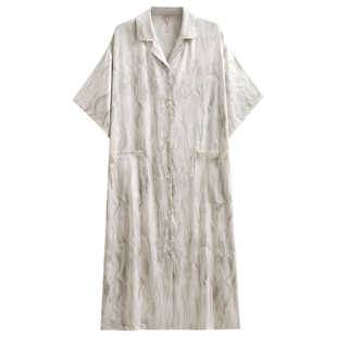 悦内睡裙女款睡衣夏季冰丝绸缎短袖长款夏款丝绸开衫衬衫风高级感