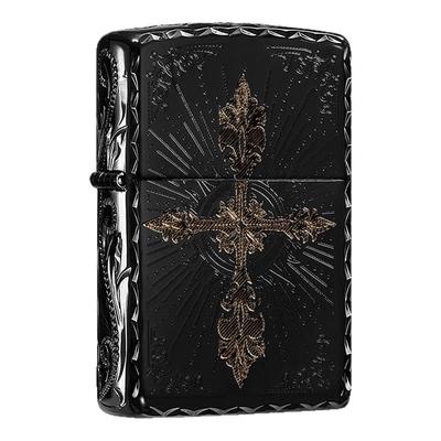 zippo打火机十字光焰官方芝宝防风煤油火机 黑曜冰咬边送男生礼物