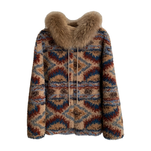 中古风/费尔岛貉子毛领100羊羔毛皮毛一体冬季连帽皮草毛毛外套女