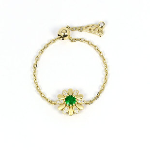 18K黄金天然祖母绿小雏菊软链条戒指 翠绿宝石可调节活口钻石指环