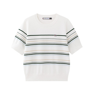 ELLE Active淡人穿搭彩虹条纹针织衫夏款冰爽丝透气薄款短袖t恤女