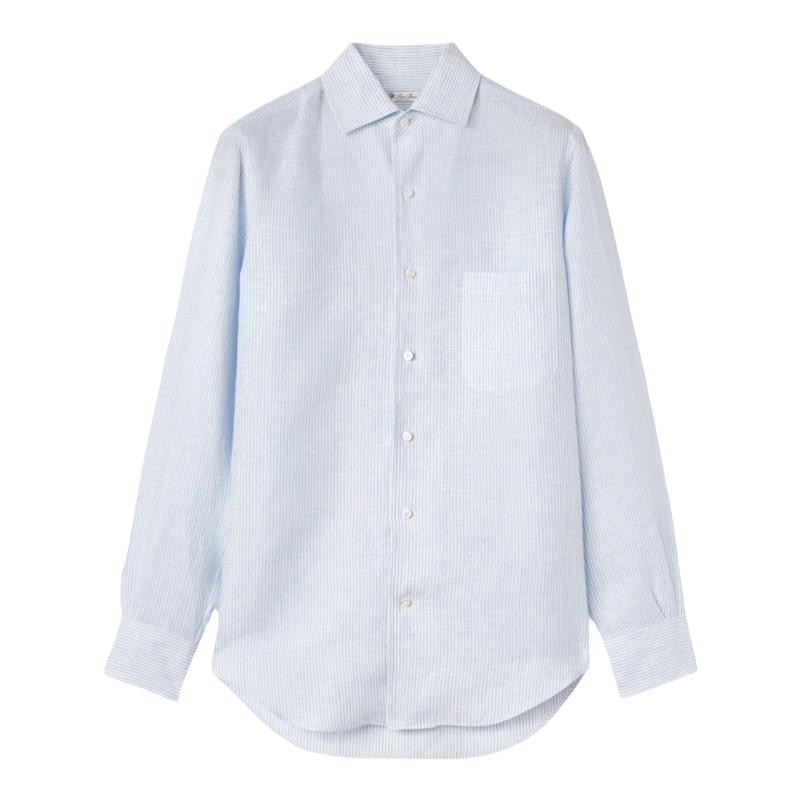 Loro Piana/诺悠翩雅男装浅蓝色细条纹亚麻布商务休闲衬衫