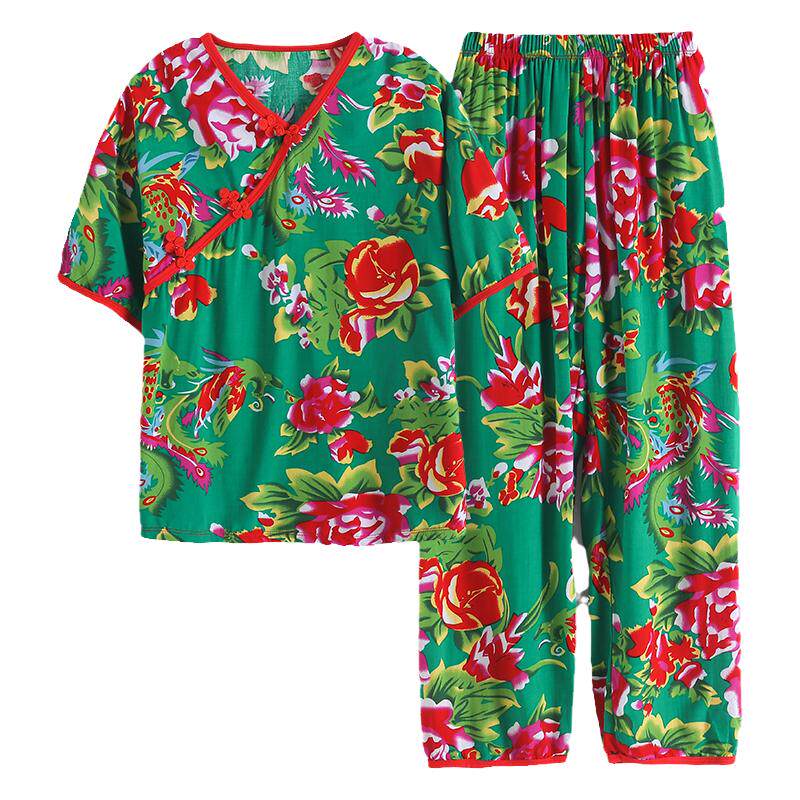 女童睡衣夏季短袖东北大花套装空调服儿童棉绸家居服女孩衣服童装