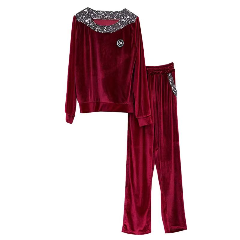 春秋金丝绒休闲运动套装女圆领洋气显瘦阔腿两件套运动服T衫