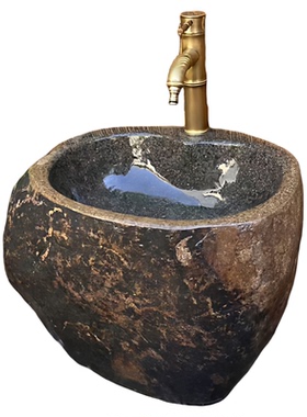 石头一体洗手柱盆鹅卵石复古台盆落地式庭院个性艺术洗手艺术盆池