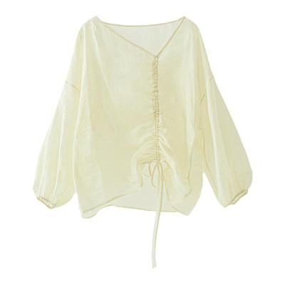 原隐宽松复古套头长袖苎麻抽绳