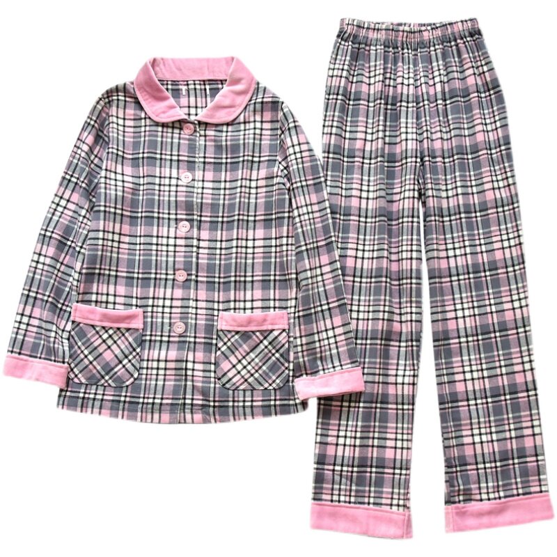 格子绒布翻领长裤大码家居服套装