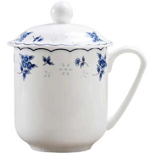 景德镇陶瓷茶杯带盖杯子办公室水杯会议杯定制青花瓷家用骨瓷水杯