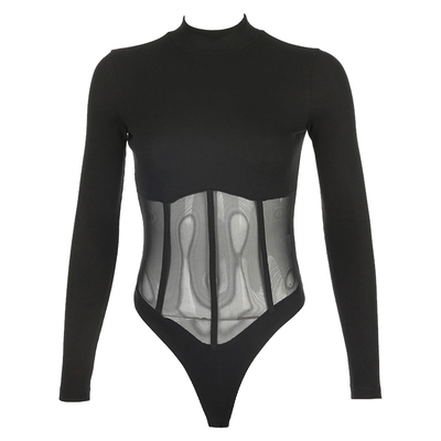 欧美风螺纹弹力拼网纱长袖女T恤