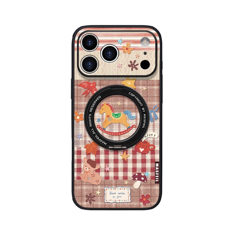 MASFEIL × 拼布木马适用iPhone18Promax手机壳新款ip16磁吸带支架苹果17Pro套Ho5支点豹纹高级13pm全包冬