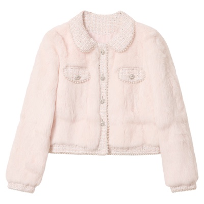 AZZHEN【假日晨曦】小香风100兔毛短款珍珠翻领撞色外套