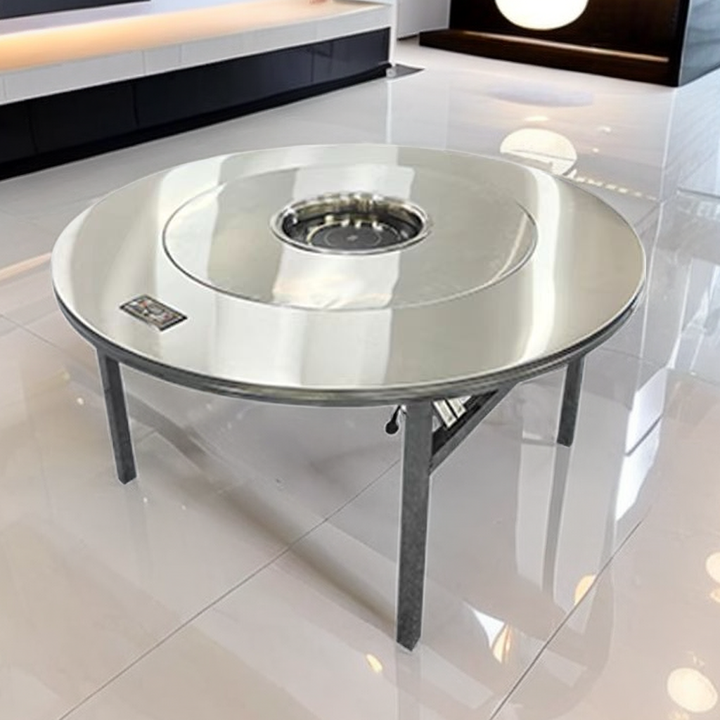 不锈钢圆桌冬天火锅桌子下沉式电磁炉一体内置转盘折叠桌家用商用