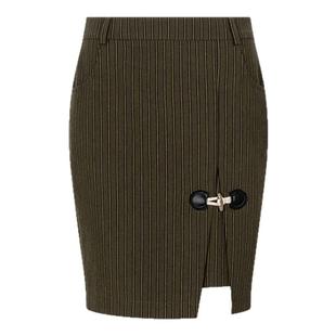 BALIANG「捌樑」纯棉复古黄绿色条纹牛角扣开衩修身直筒半身裙