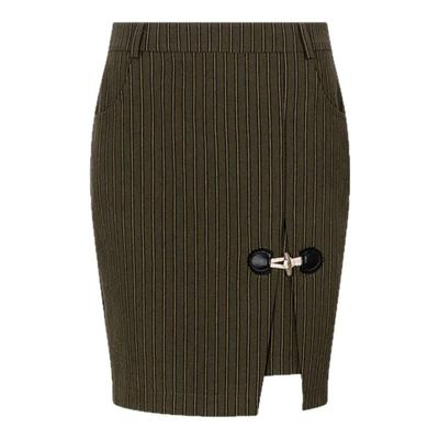 BALIANG「捌樑」纯棉复古黄绿色条纹牛角扣开衩修身直筒半身裙