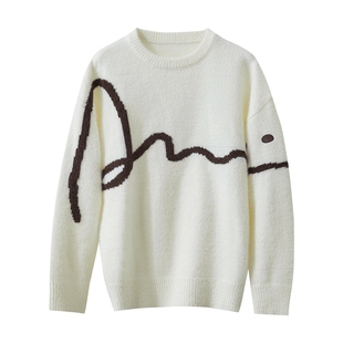 Amii2025冬新款休闲圆领字母提花刺绣仿貂绒毛衣女宽松落肩袖上衣