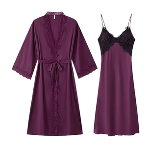 性感冰丝睡衣女春秋季长款带胸垫吊带睡裙夏天纯欲风蕾丝长裙长袍