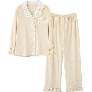 思莉太太海岛绒睡衣女秋冬款加厚加绒甜美公主风蕾丝薄绒家居服