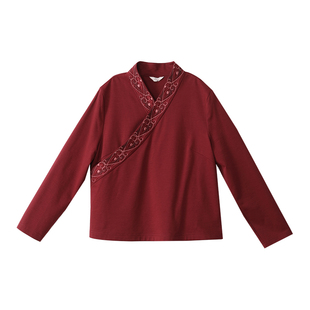 布符春秋刺绣上衣新款红色中式打底衫长袖针织T恤女士宽松
